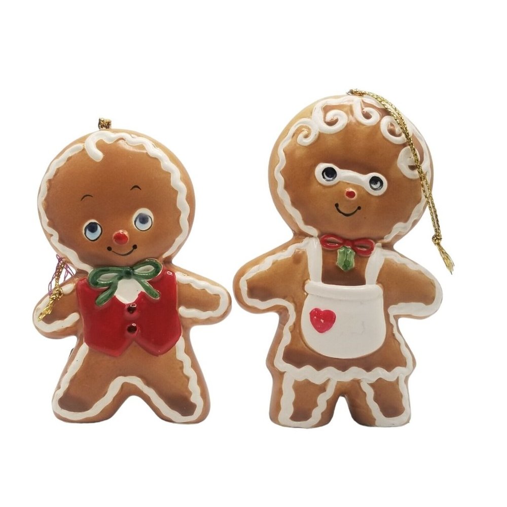 Vintage Christmas Ornament Gingerbread Set Boy Girl 1987 Enesco Moorhead 80s